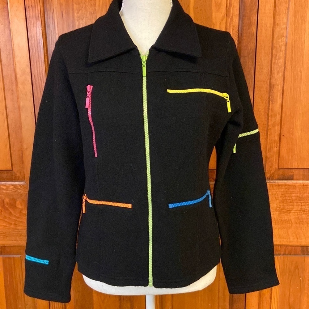 Norm Thompson Wool Zippered Jacket Fun Pop of Colors Zippered Pockets Size Small